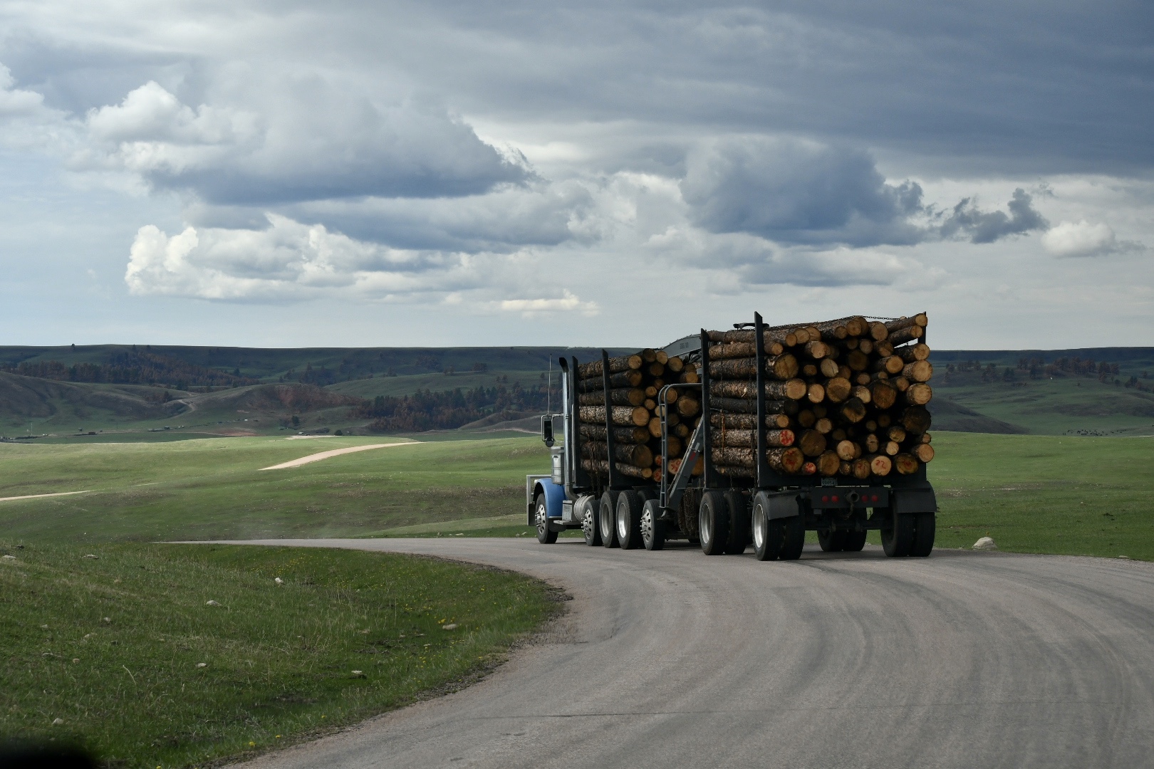 Mit Holz beladener großer blauer Truck fährt bei Gewitterstimmung über schmale geschlängelte Straße in hügeliger Graslandschaft im Custer State Park